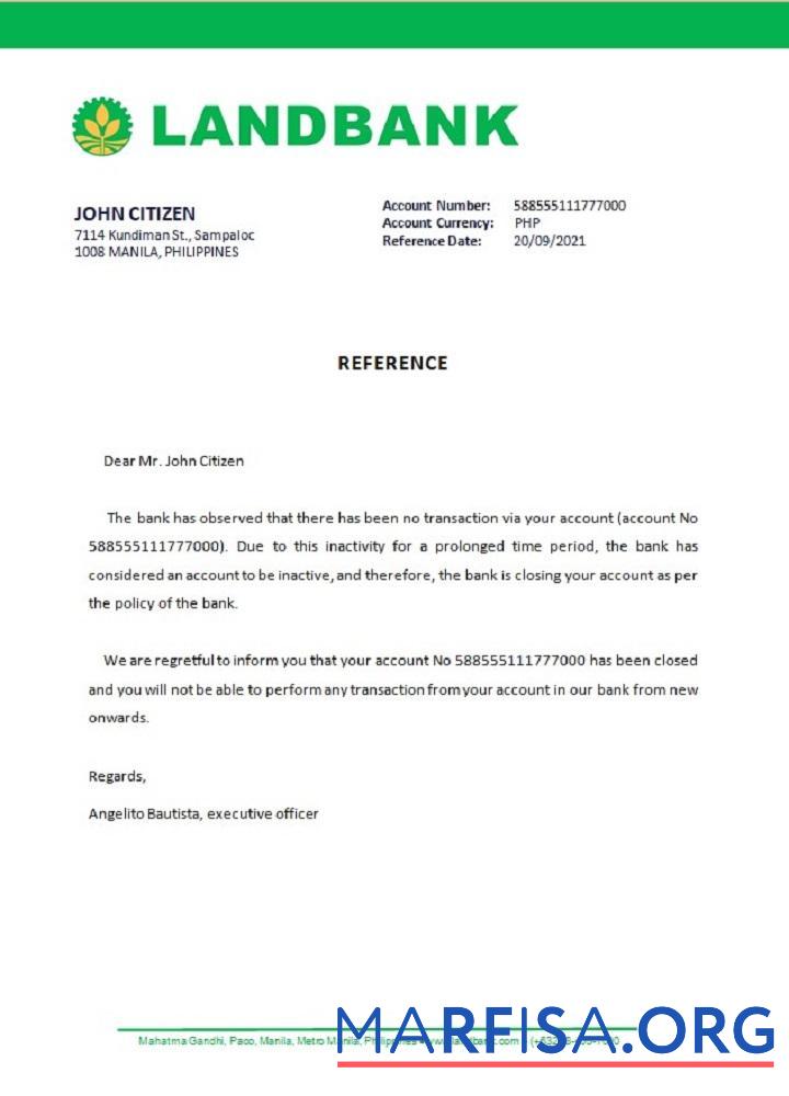 Blank Philippines Land Bank closure reference download for verification